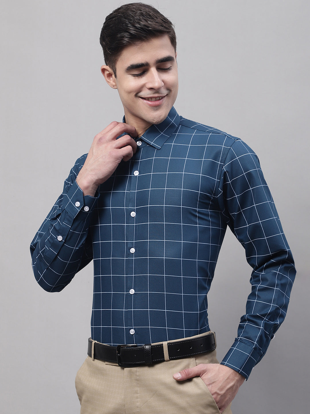 Jainish Men's Teal Blue Cotton Checked Formal Shirt - Distacart
