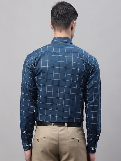 Jainish Men's Teal Blue Cotton Checked Formal Shirt - Distacart