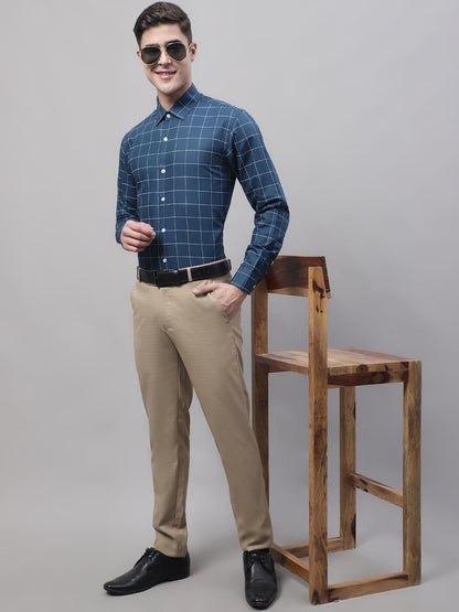 Jainish Men's Teal Blue Cotton Checked Formal Shirt - Distacart