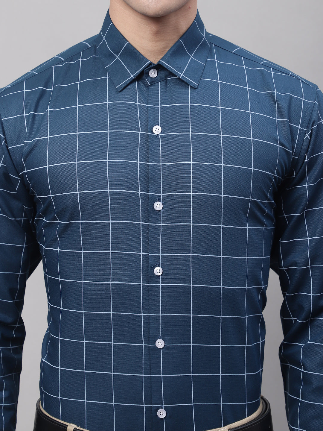 Jainish Men's Teal Blue Cotton Checked Formal Shirt - Distacart