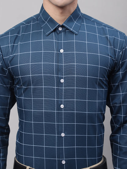 Jainish Men's Teal Blue Cotton Checked Formal Shirt - Distacart