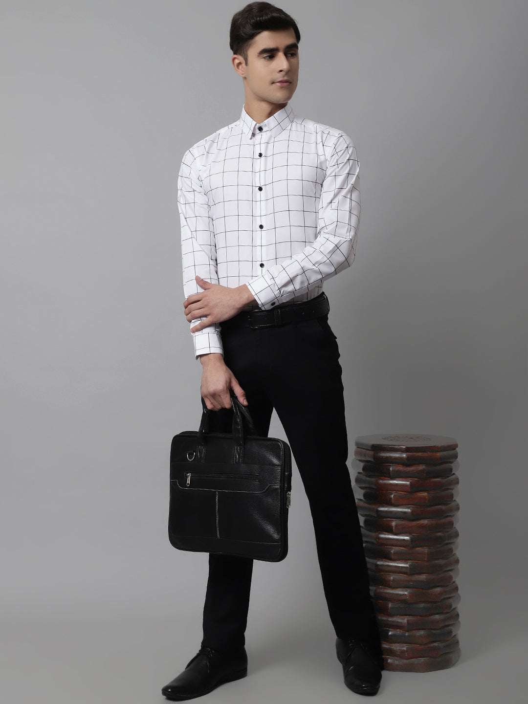 Jainish Men's Cotton Checked Formal Shirts - White - Distacart