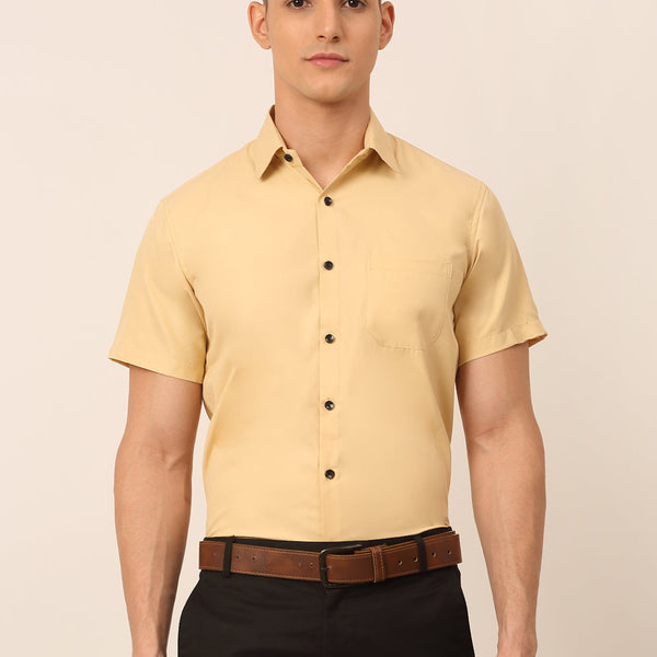 Jainish Men's Cotton Half Sleeves Solid Formal Shirts - Beige - Distacart