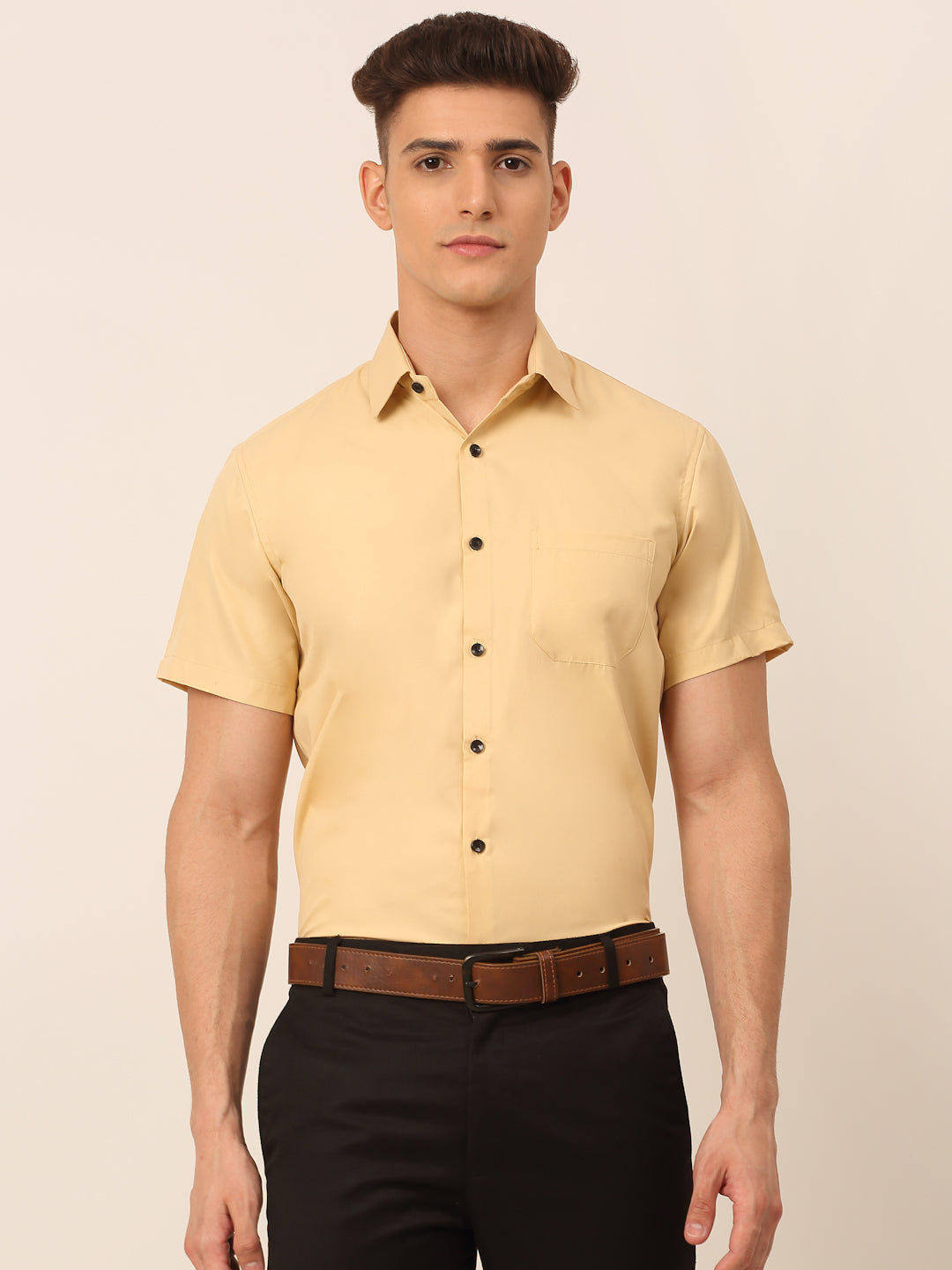 Jainish Men's Cotton Half Sleeves Solid Formal Shirts - Beige - Distacart