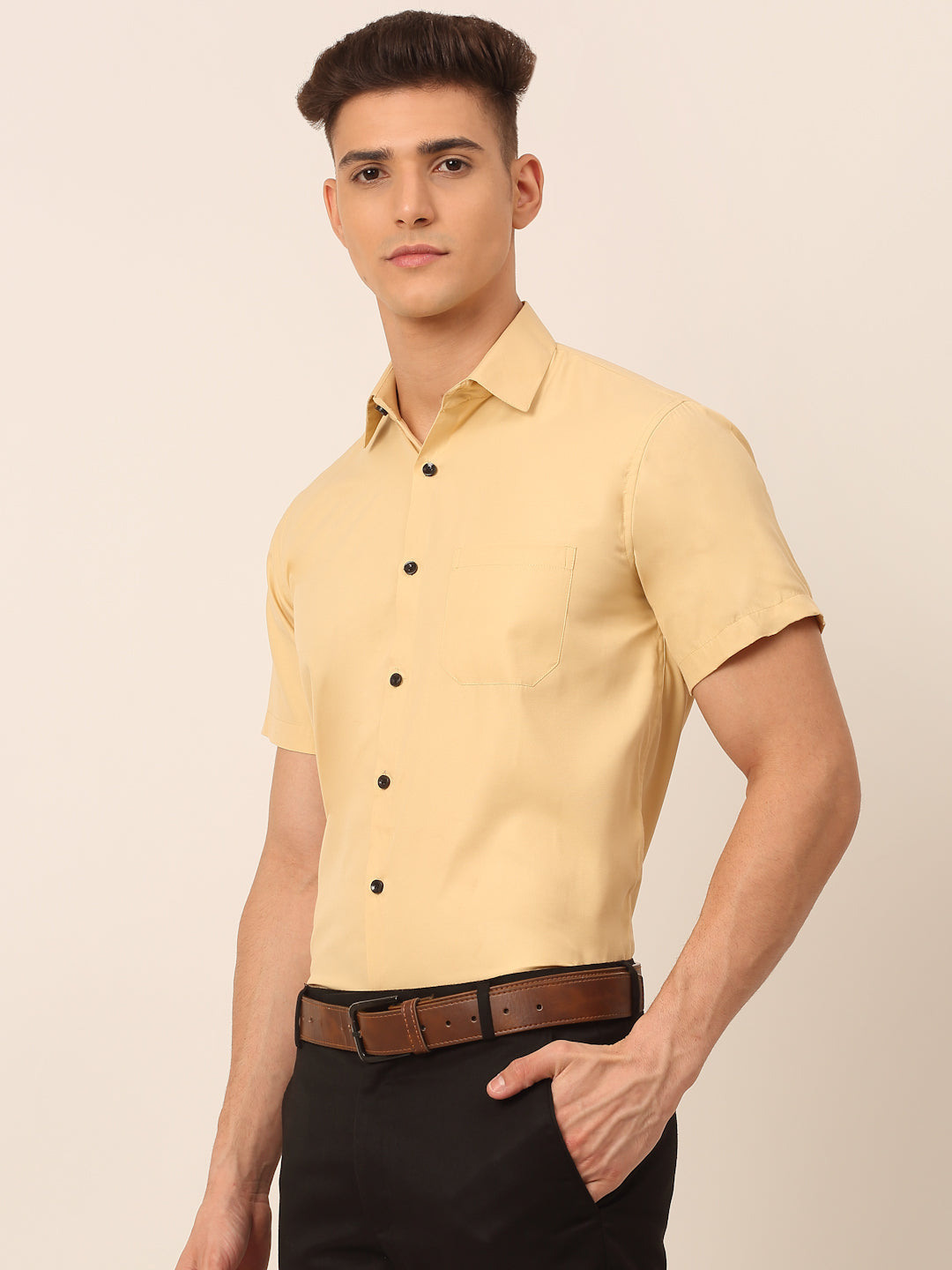 Jainish Men's Cotton Half Sleeves Solid Formal Shirts - Beige - Distacart
