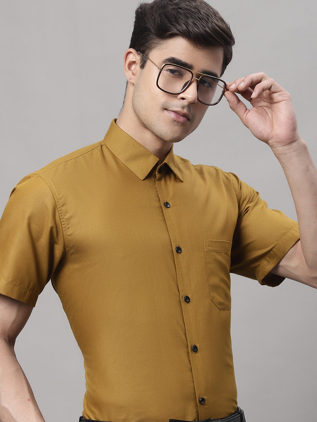 Jainish Men's Cotton Half Sleeves Solid Formal Shirts - Mustard - Distacart