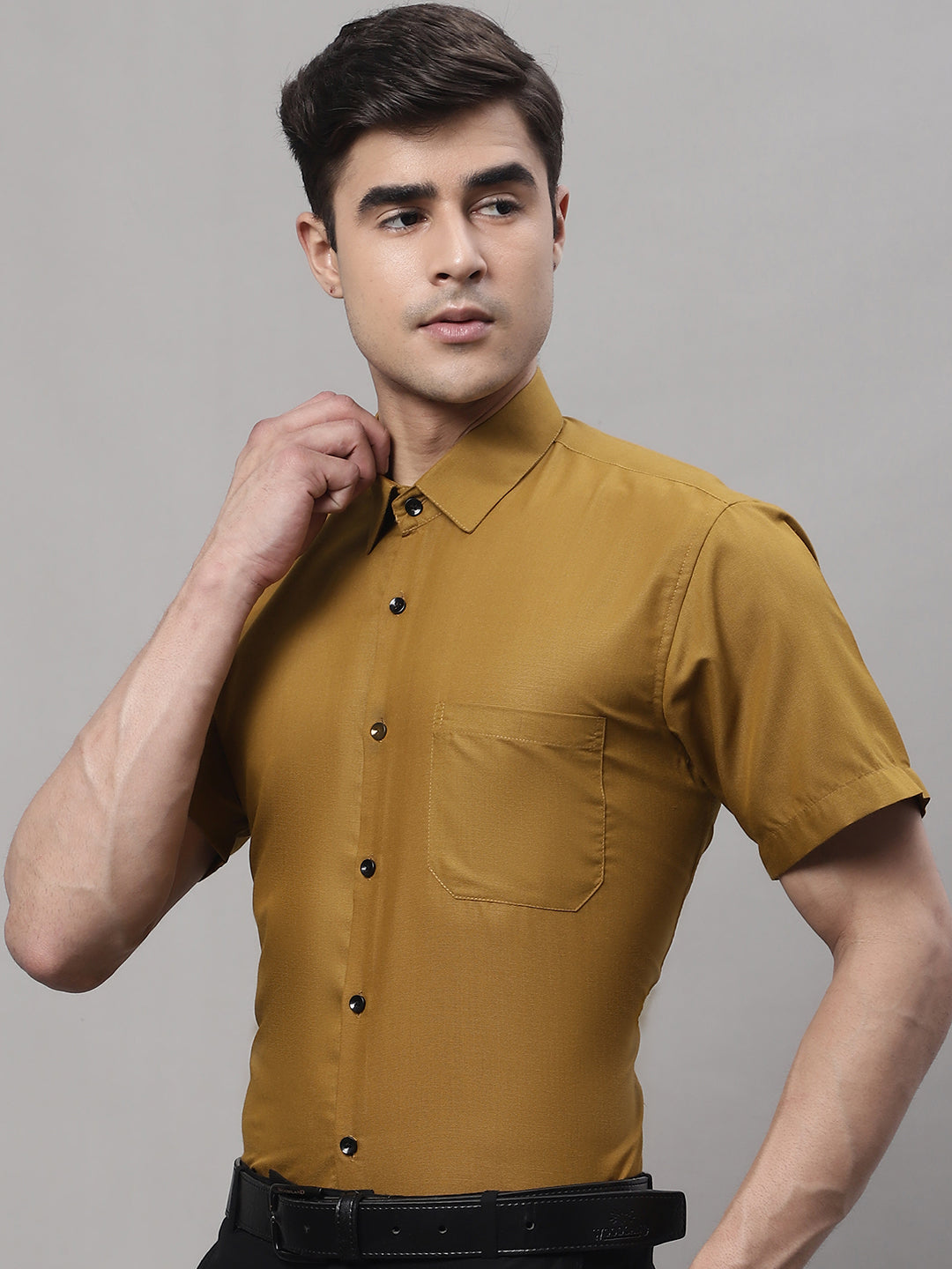 Jainish Men's Cotton Half Sleeves Solid Formal Shirts - Mustard - Distacart