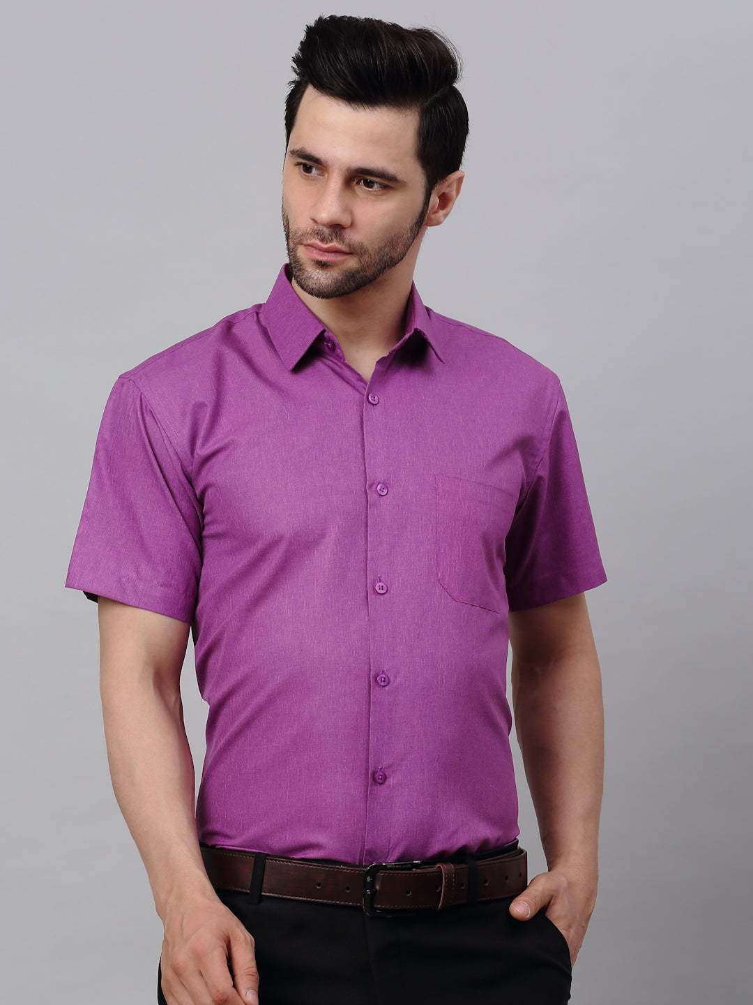 Jainish Men's Cotton Solid Half Sleeves Formal Shirt - Purple - Distacart