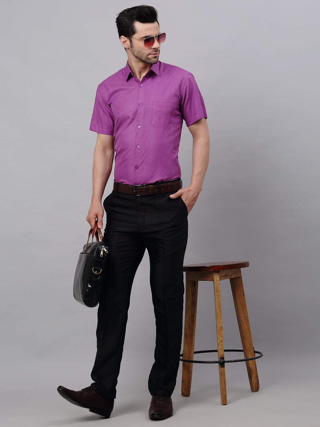 Jainish Men's Cotton Solid Half Sleeves Formal Shirt - Purple - Distacart