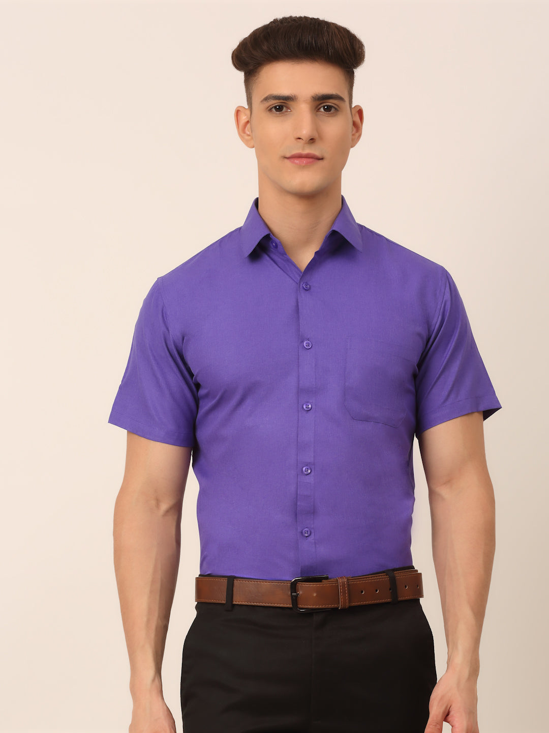 Jainish Men's Cotton Solid Half Sleeves Formal Shirt - Voilet - Distacart