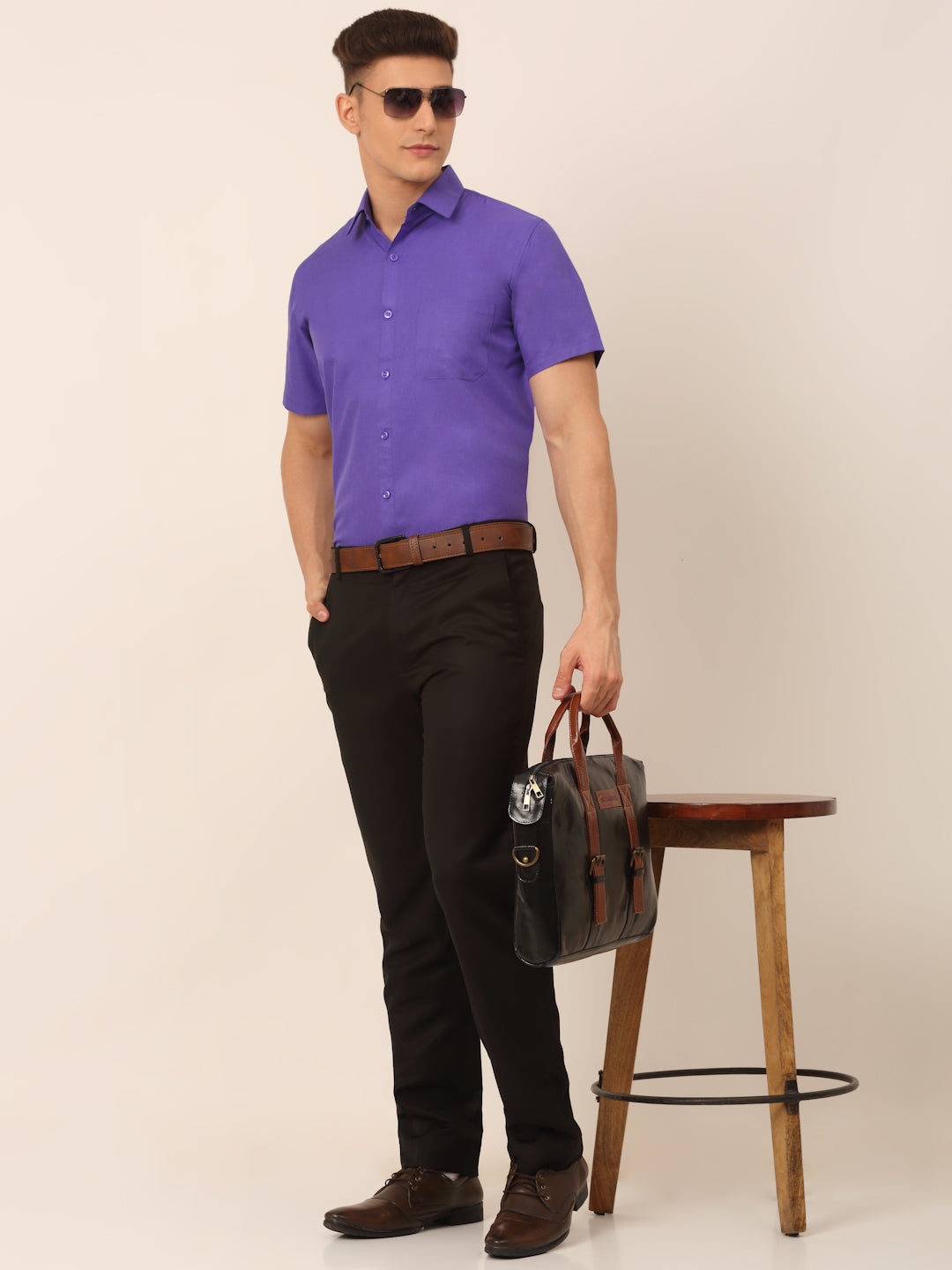 Jainish Men's Cotton Solid Half Sleeves Formal Shirt - Voilet - Distacart