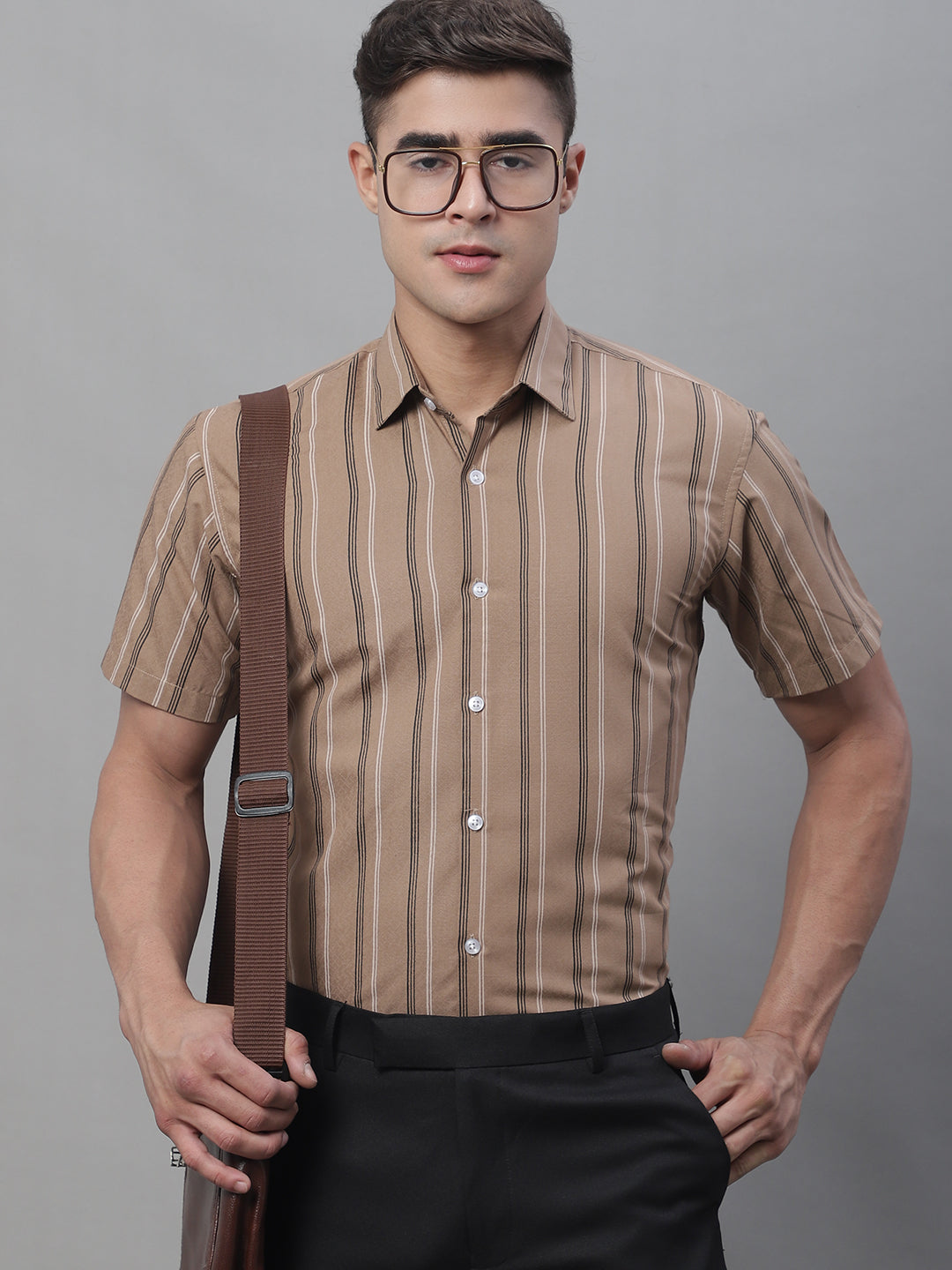 Jainish Men's Brown Striped Formal Shirt - Distacart