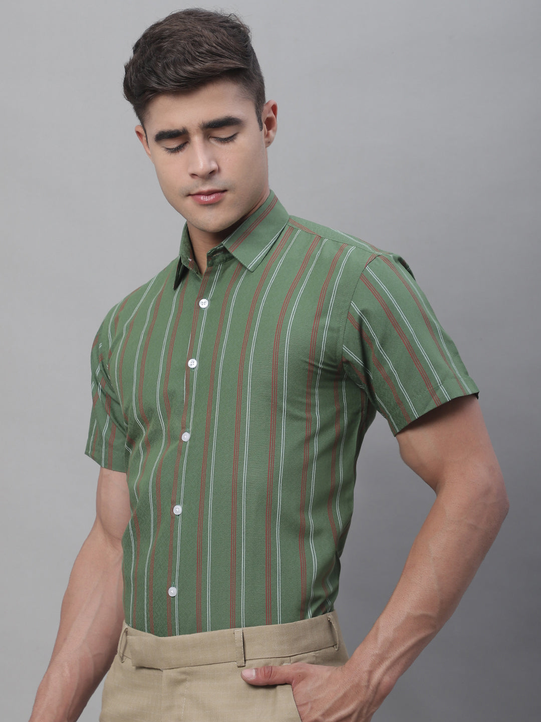 Jainish Men's Olive Green Striped Formal Shirt - Distacart