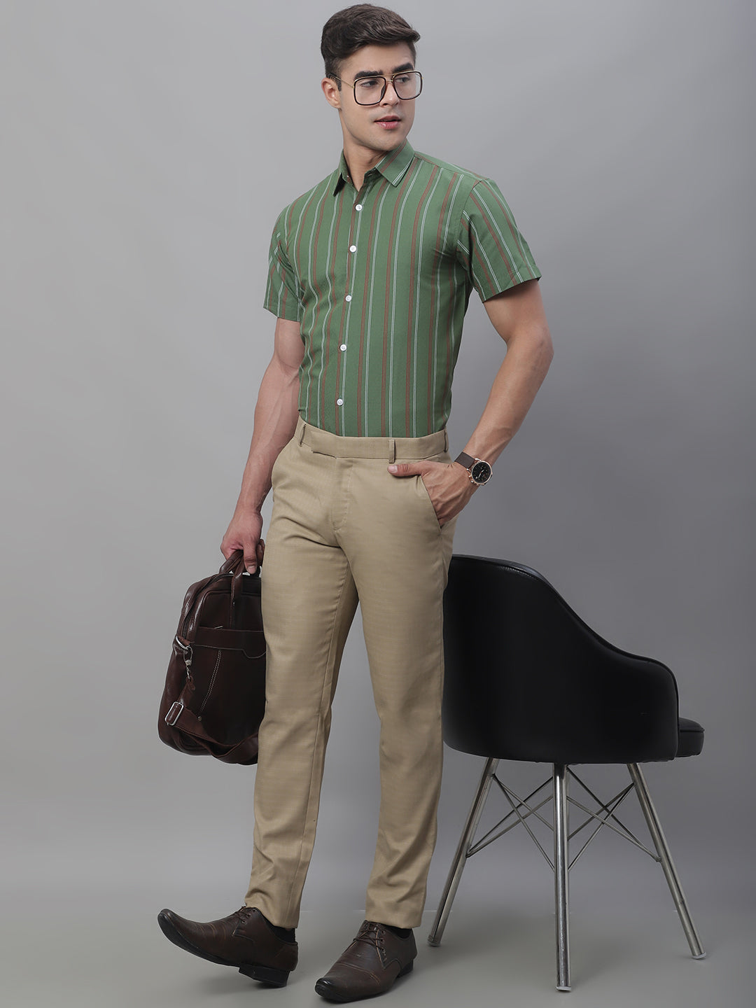 Jainish Men's Olive Green Striped Formal Shirt - Distacart