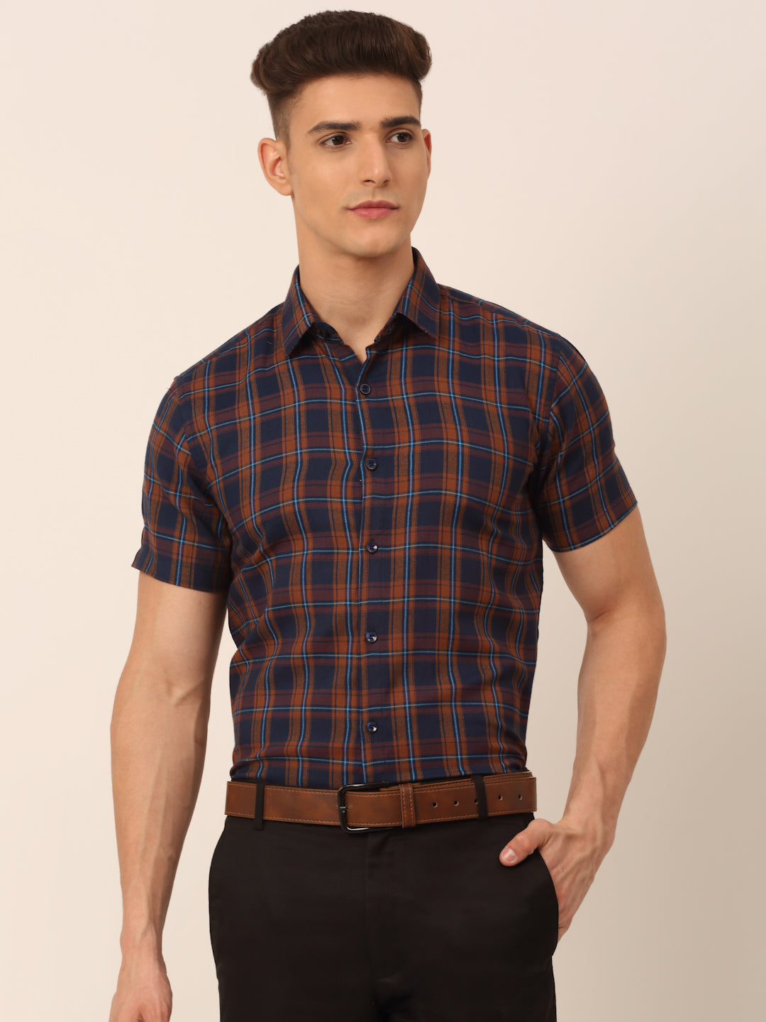 Jainish Men's Cotton Checked Half Sleeves Formal Shirts - Orange-Blue - Distacart