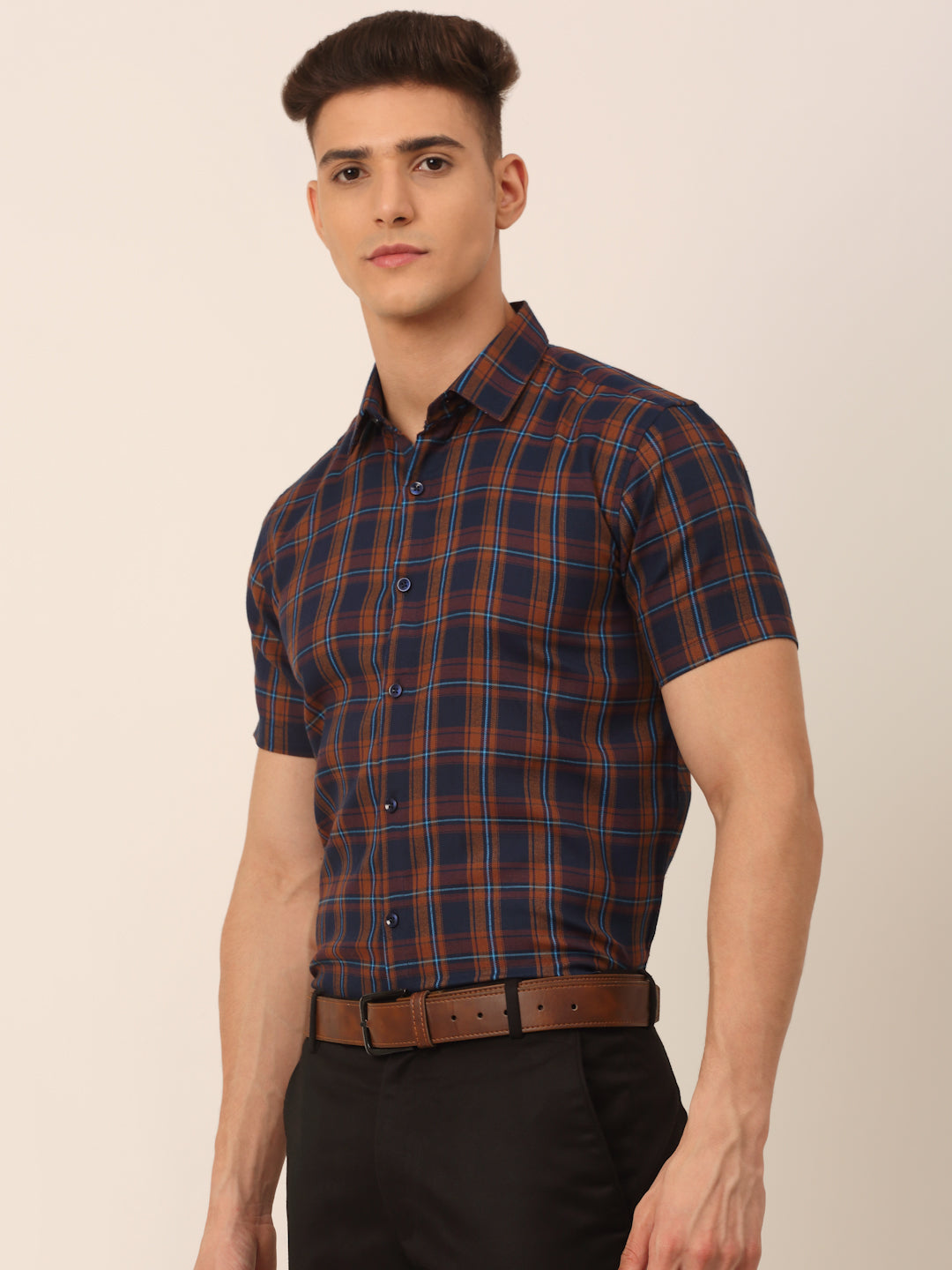 Jainish Men's Cotton Checked Half Sleeves Formal Shirts - Orange-Blue - Distacart