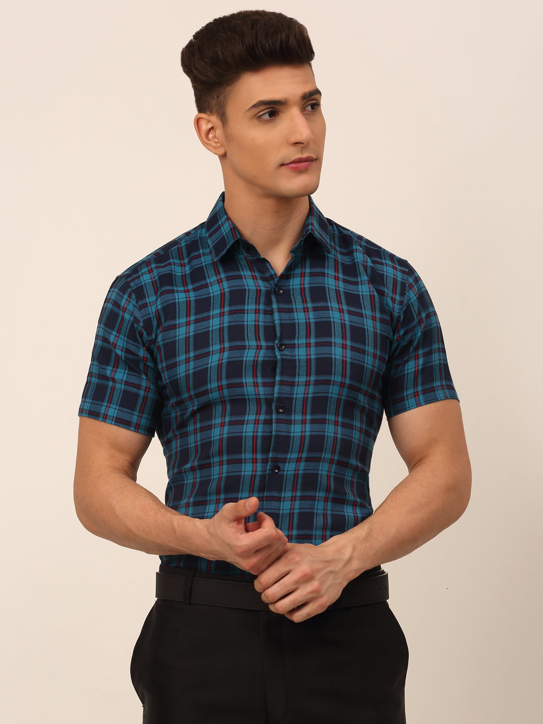 Jainish Men's Cotton Checked Half Sleeves Formal Shirts - Sky Blue-Blue - Distacart