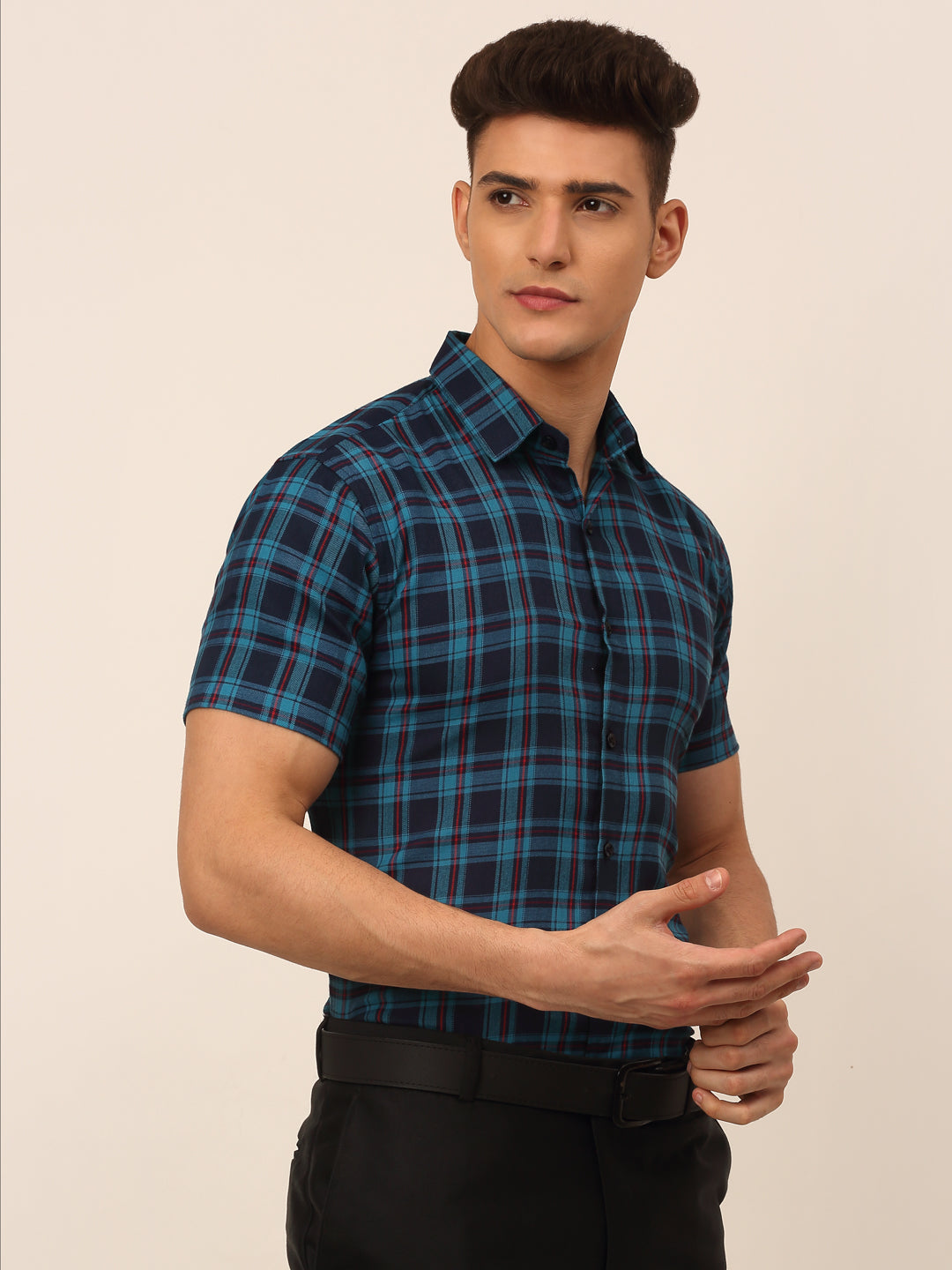 Jainish Men's Cotton Checked Half Sleeves Formal Shirts - Sky Blue-Blue - Distacart