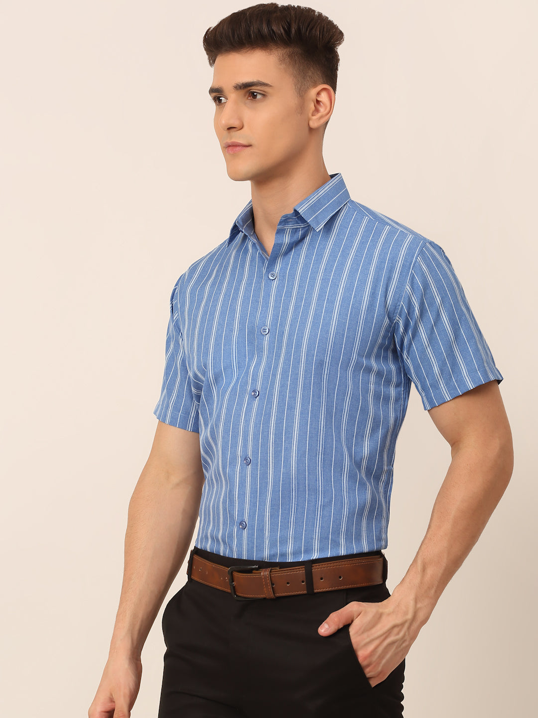 Jainish Men's Blue & White Classic Striped Formal Shirt - Distacart