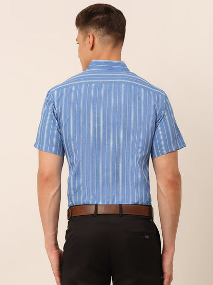 Jainish Men's Blue & White Classic Striped Formal Shirt - Distacart