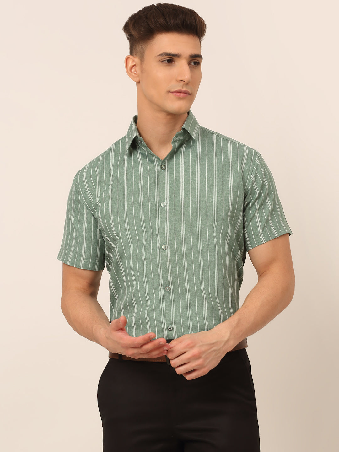 Jainish Men's Cotton Striped Formal Shirts - Green - Distacart