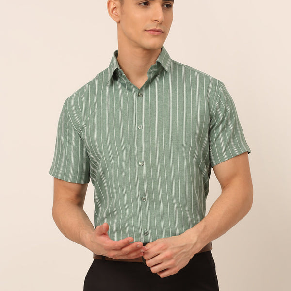 Jainish Men's Cotton Striped Formal Shirts - Green - Distacart