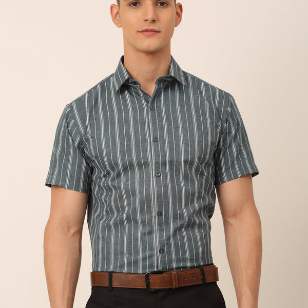 Jainish Men's Cotton Striped Formal Shirts - Grey - Distacart