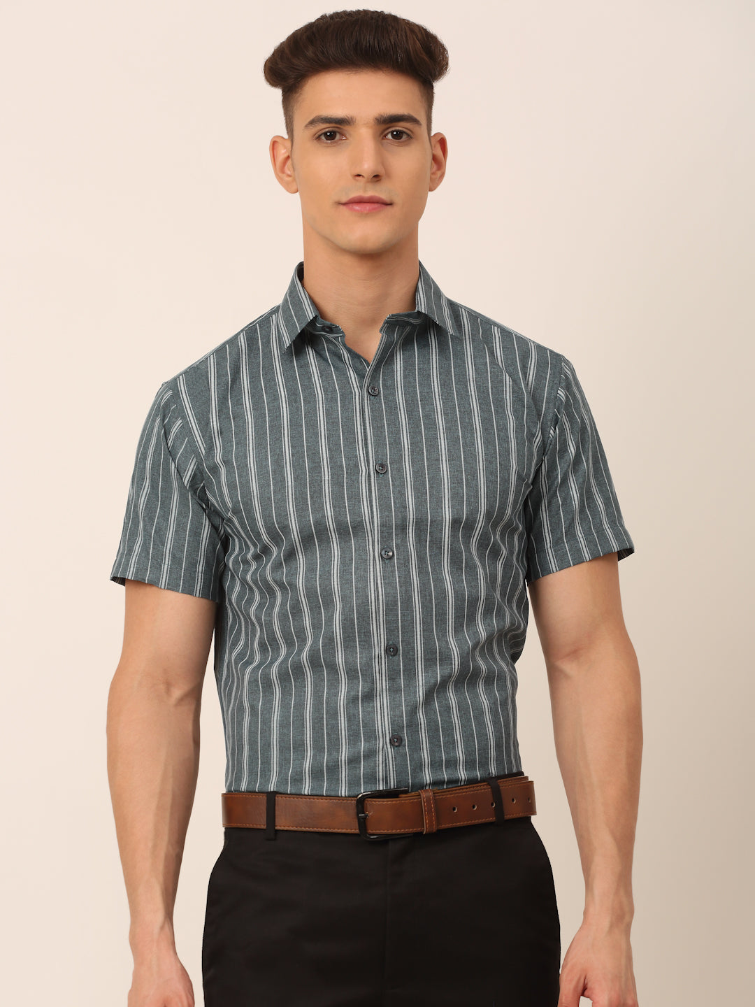 Jainish Men's Cotton Striped Formal Shirts - Grey - Distacart