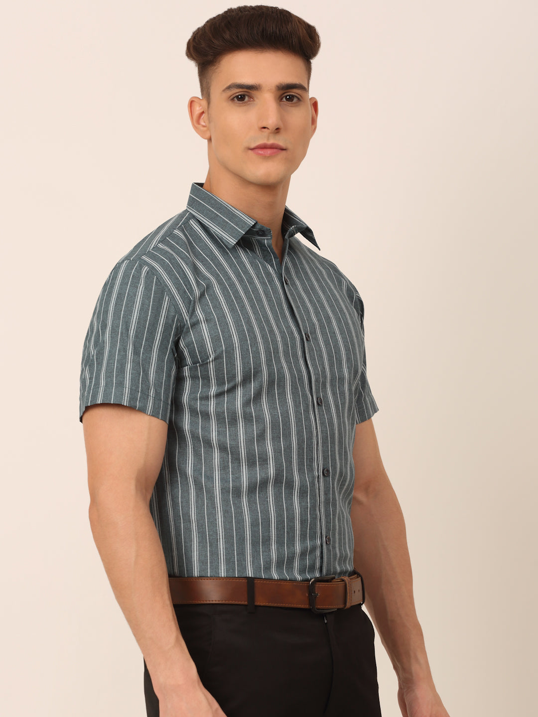Jainish Men's Cotton Striped Formal Shirts - Grey - Distacart