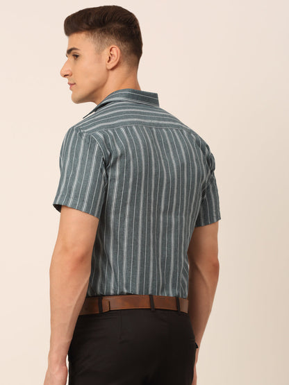 Jainish Men's Cotton Striped Formal Shirts - Grey - Distacart