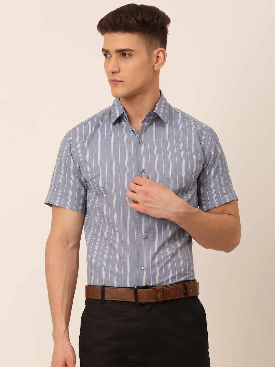 Jainish Men's Cotton Striped Formal Shirts - Light-Grey - Distacart