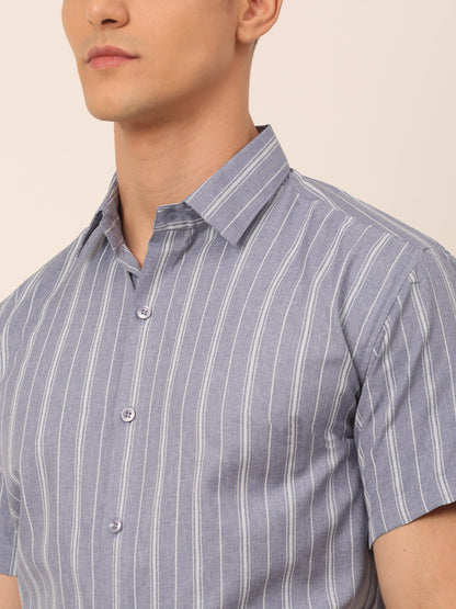 Jainish Men's Cotton Striped Formal Shirts - Light-Grey - Distacart