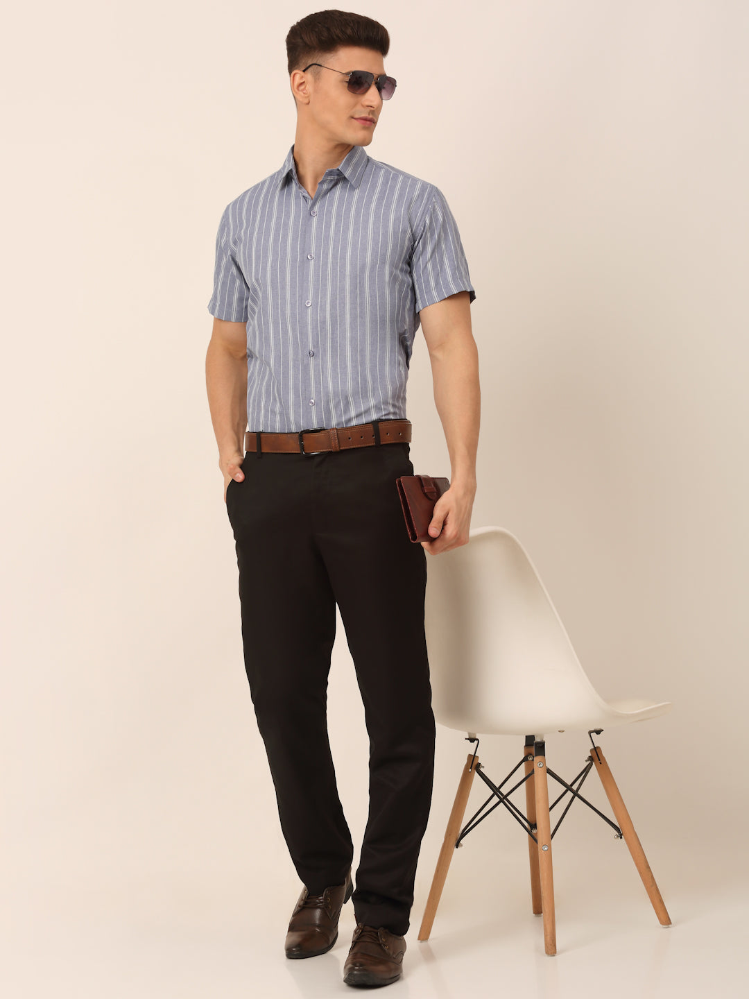 Jainish Men's Cotton Striped Formal Shirts - Light-Grey - Distacart