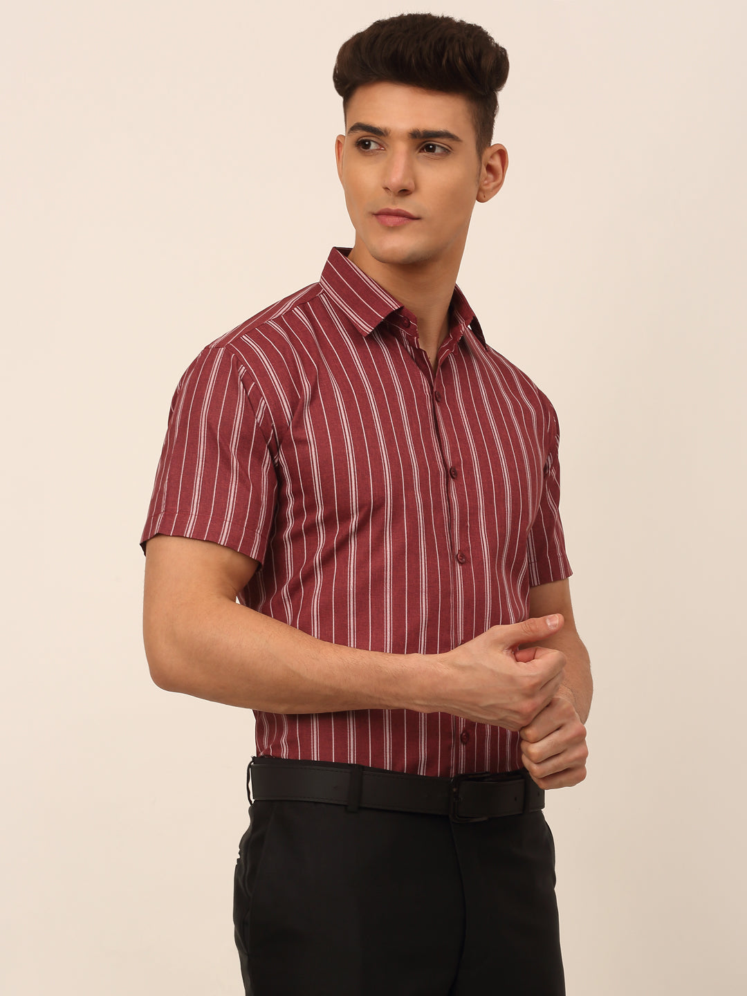 Jainish Men's Cotton Striped Formal Shirts - Maroon - Distacart
