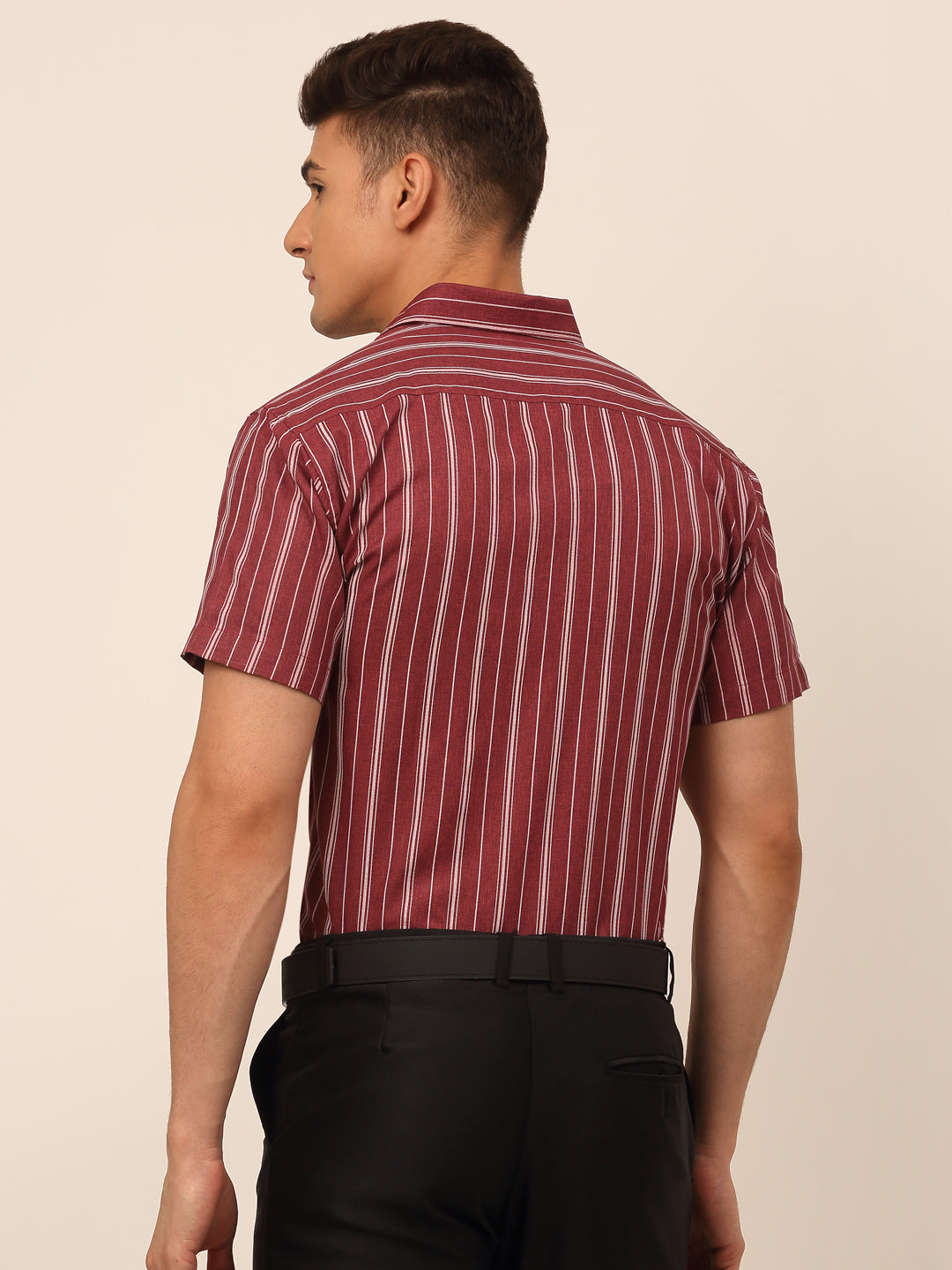 Jainish Men's Cotton Striped Formal Shirts - Maroon - Distacart
