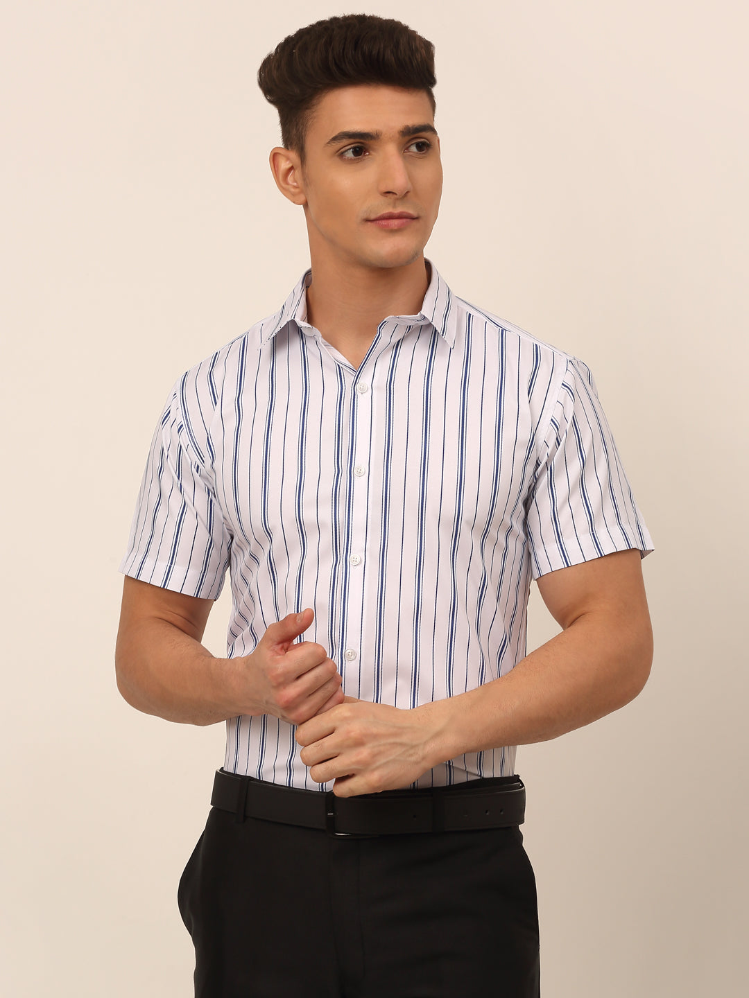 Jainish Men's Cotton Striped Formal Shirts - White - Distacart