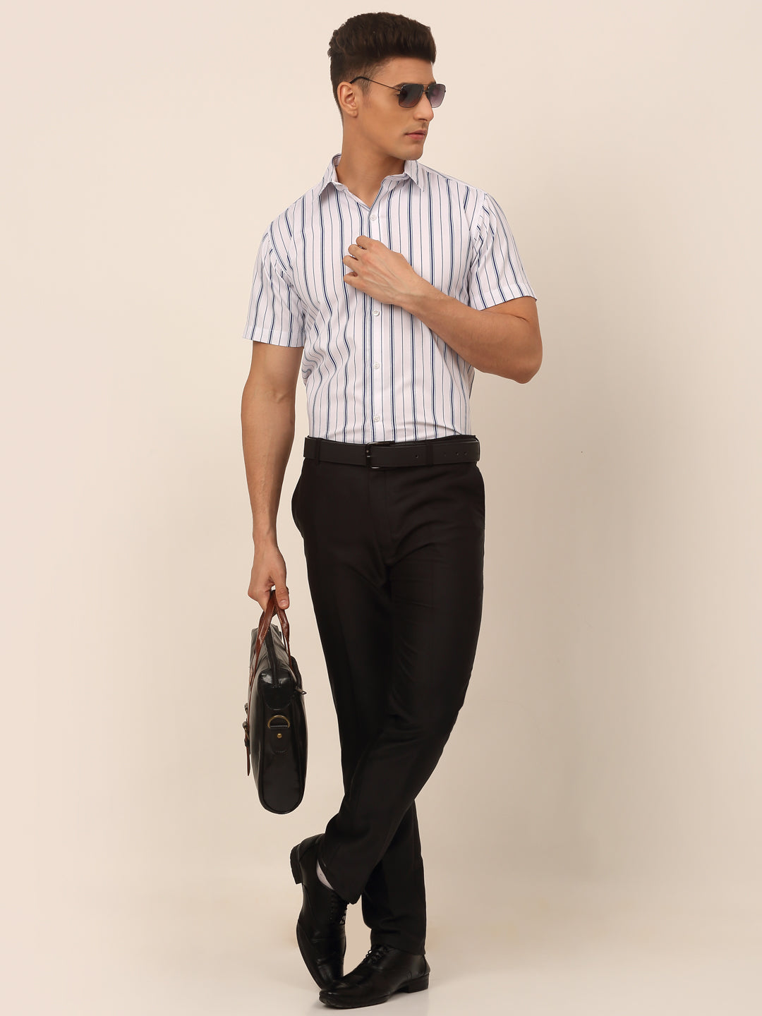 Jainish Men's Cotton Striped Formal Shirts - White - Distacart