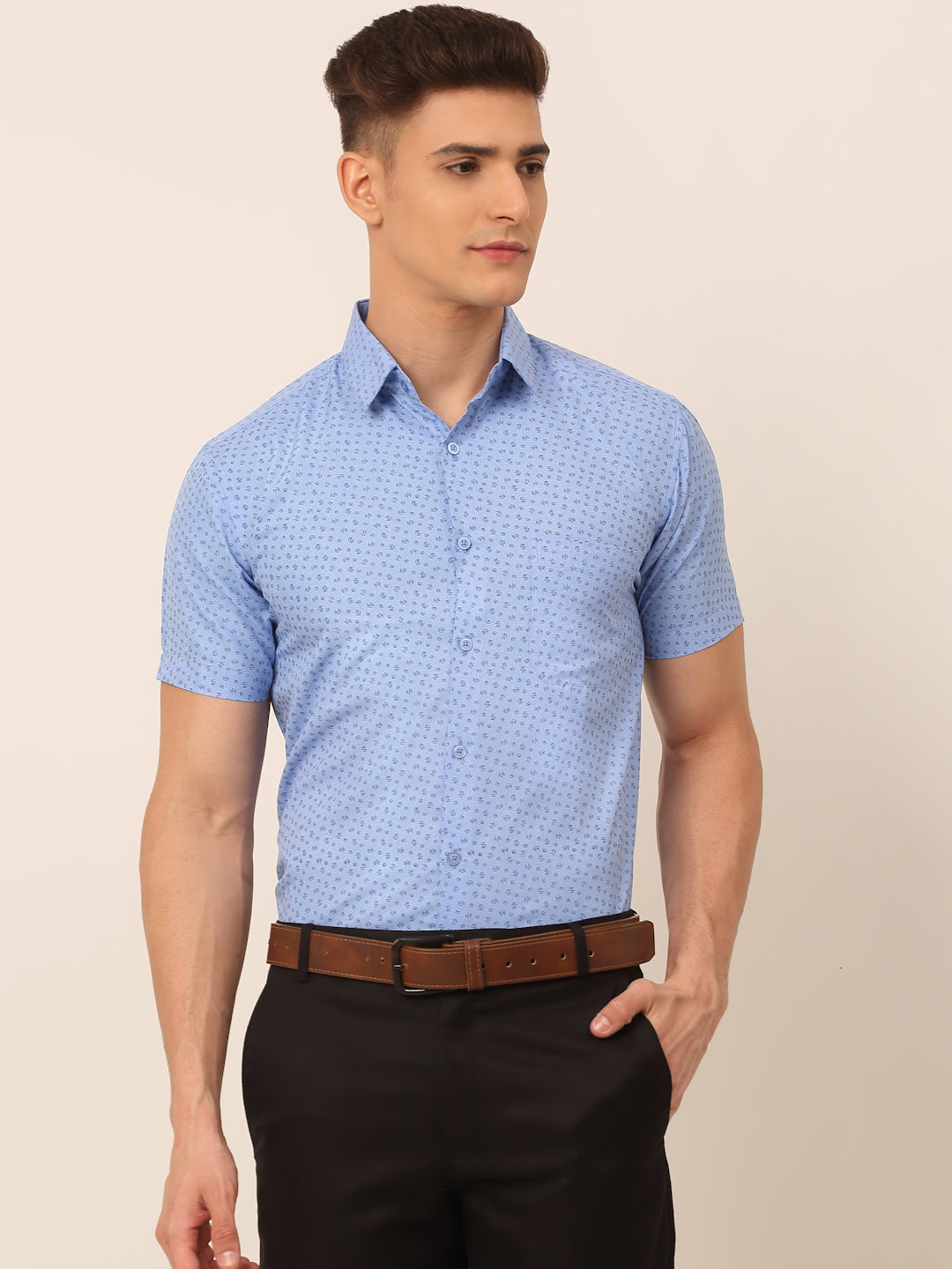 Jainish Men's Cotton Printed Formal Shirts - Light-Blue - Distacart