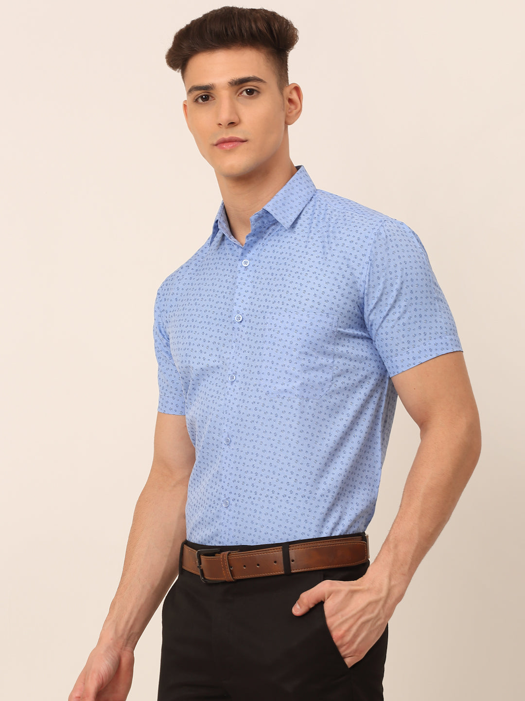 Jainish Men's Cotton Printed Formal Shirts - Light-Blue - Distacart