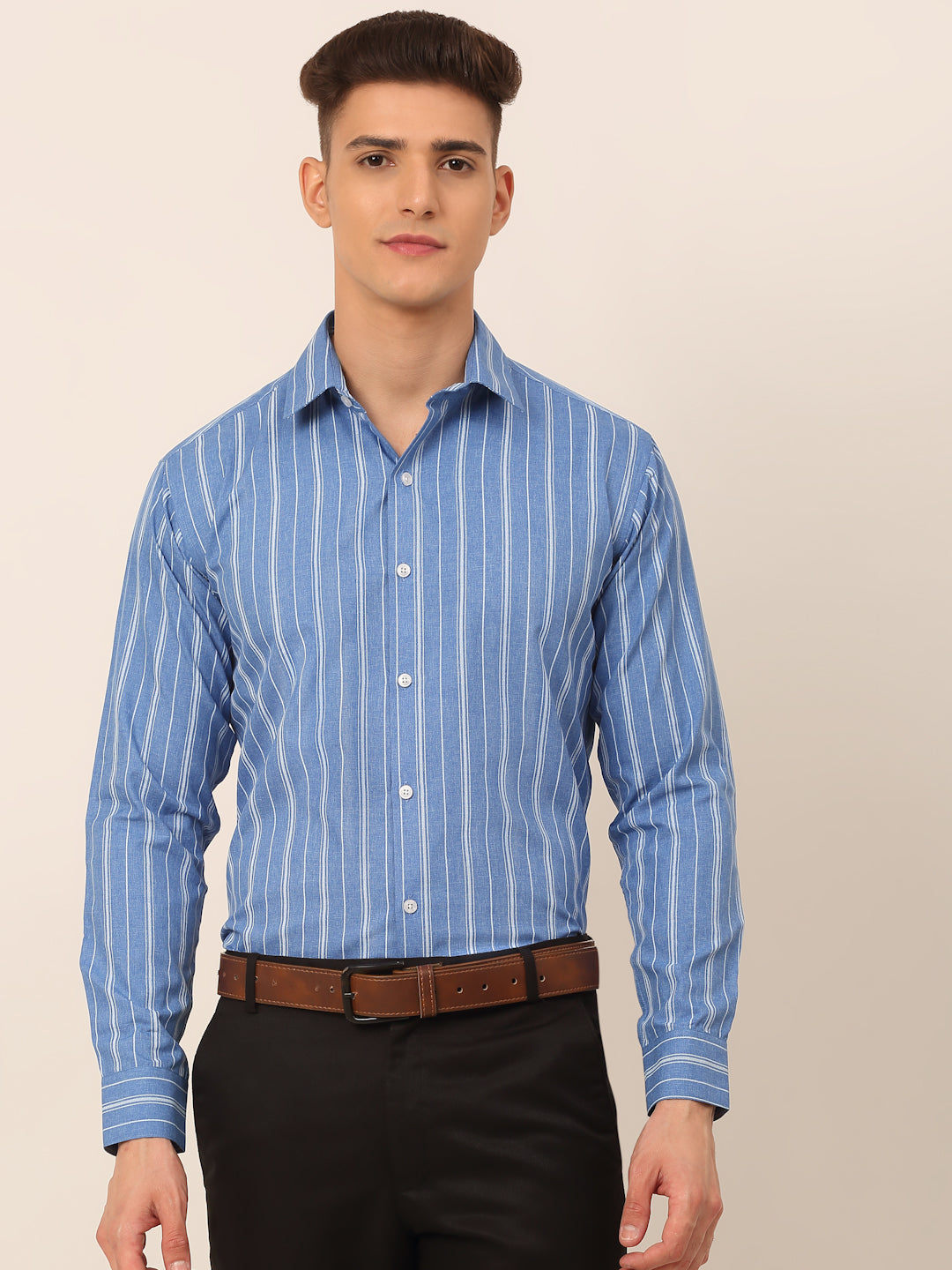 Jainish Men's Blue & White Classic Striped Formal Shirt - Distacart