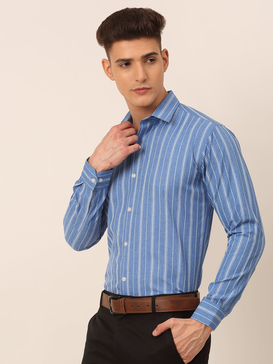 Jainish Men's Blue & White Classic Striped Formal Shirt - Distacart