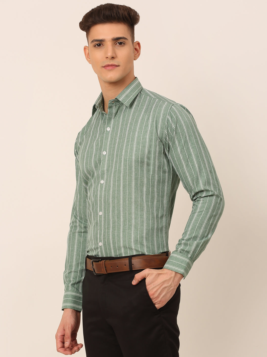 Jainish Men's Green & White Classic Striped Formal Shirt - Distacart