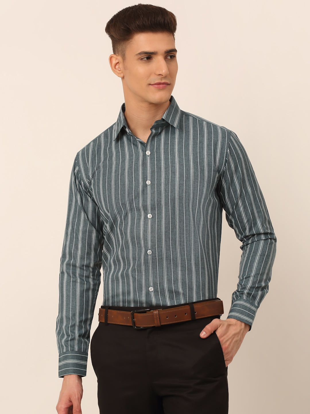 Jainish Men's Grey & White Classic Striped Formal Shirt - Distacart