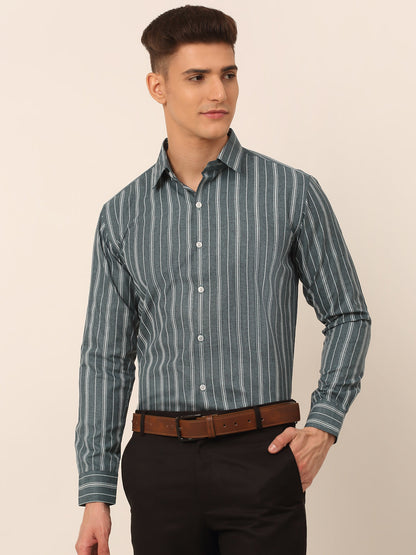 Jainish Men's Grey & White Classic Striped Formal Shirt - Distacart