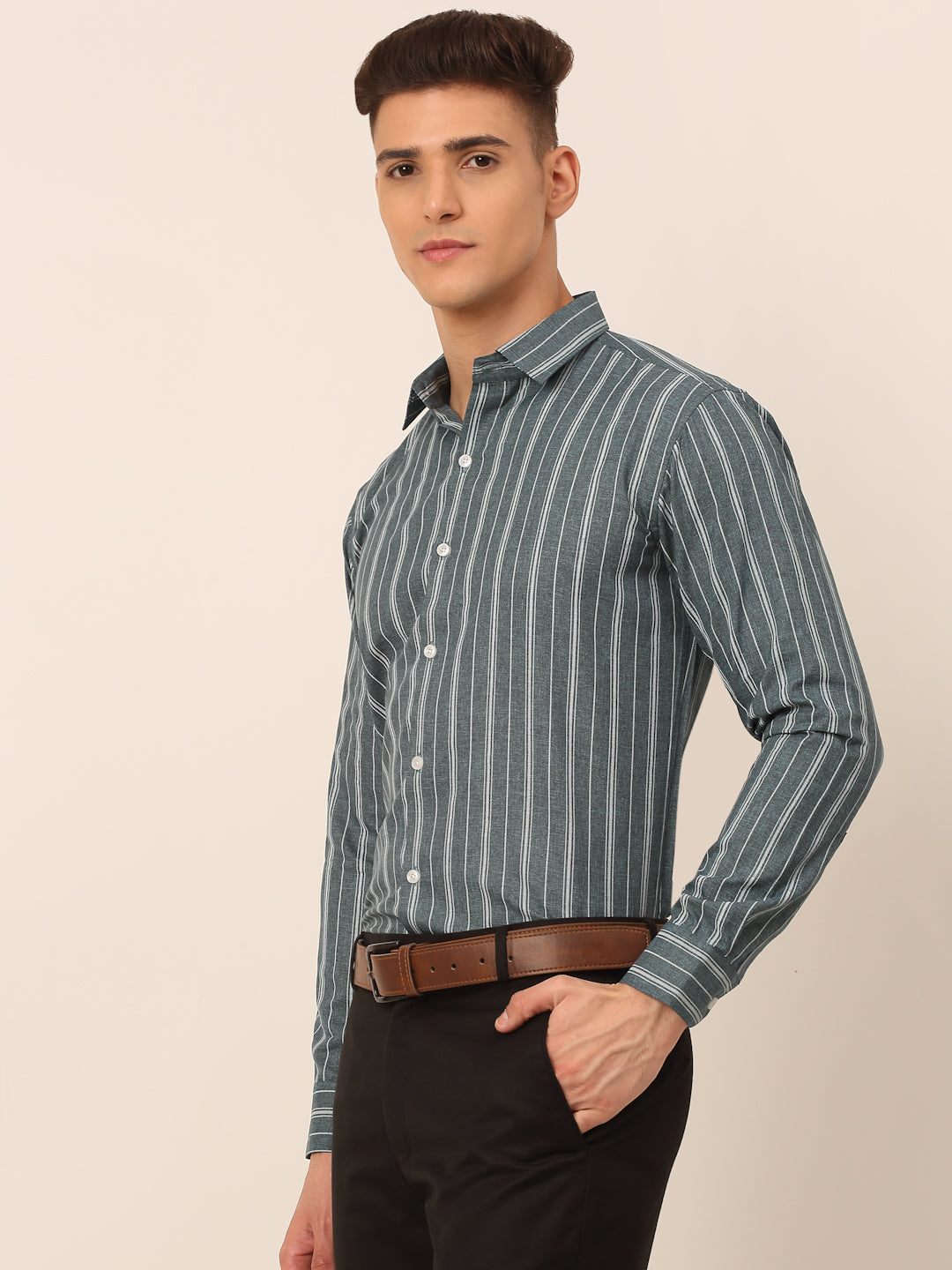 Jainish Men's Grey & White Classic Striped Formal Shirt - Distacart