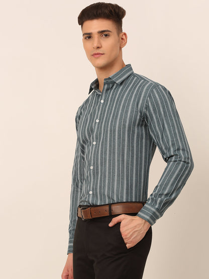 Jainish Men's Grey & White Classic Striped Formal Shirt - Distacart