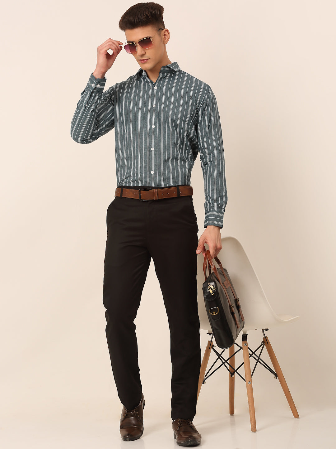 Jainish Men's Grey & White Classic Striped Formal Shirt - Distacart