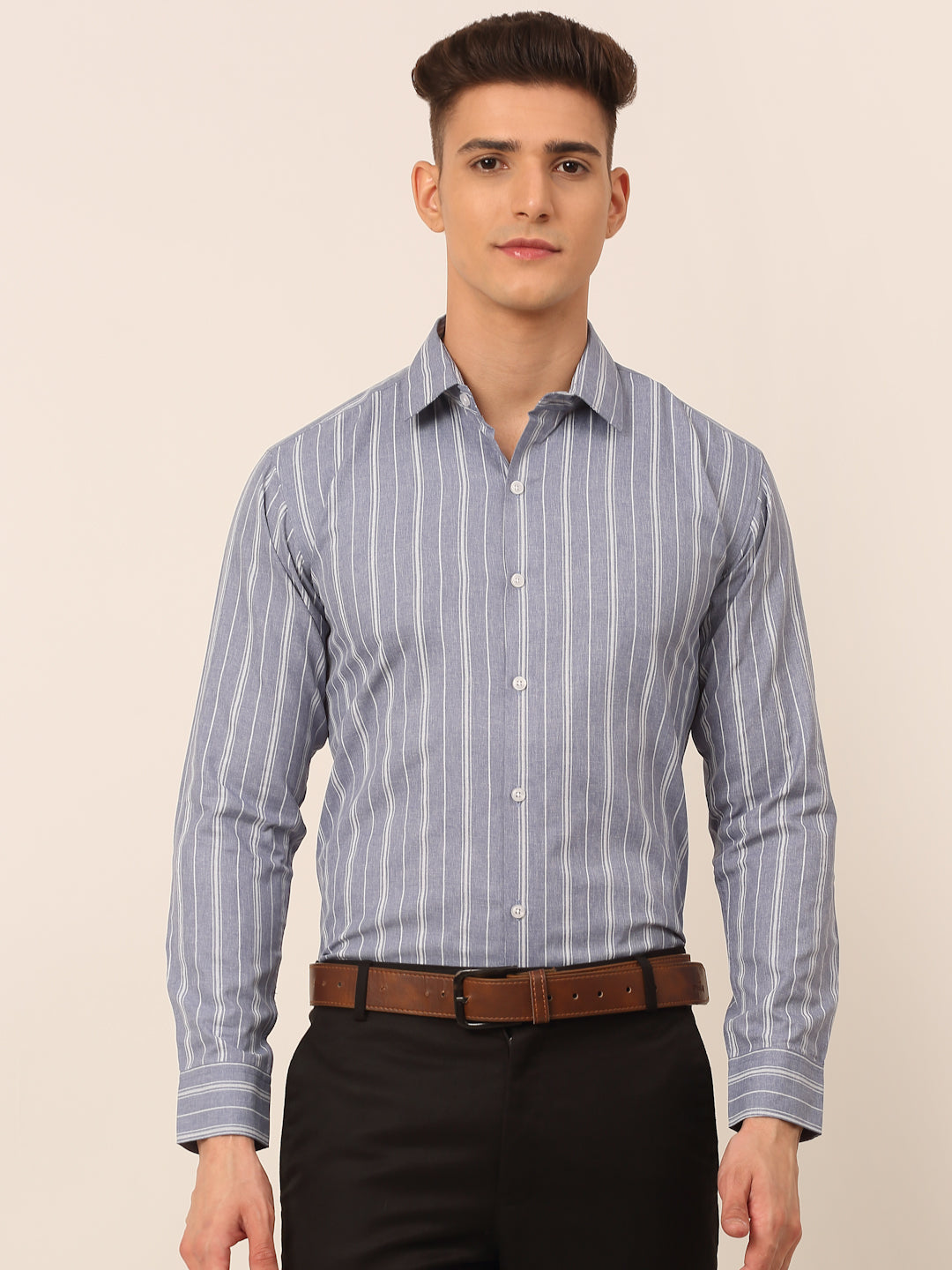 Jainish Men's Light Grey & White Classic Striped Formal Shirt - Distacart