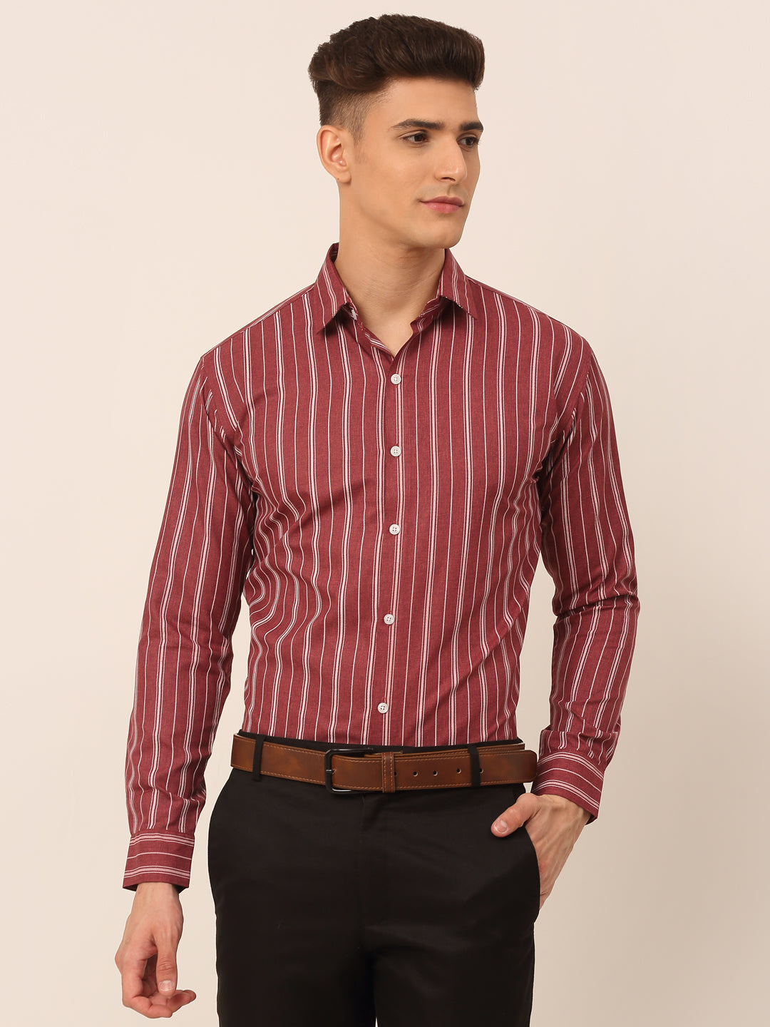 Jainish Men's Maroon & White Classic Striped Formal Shirt - Distacart