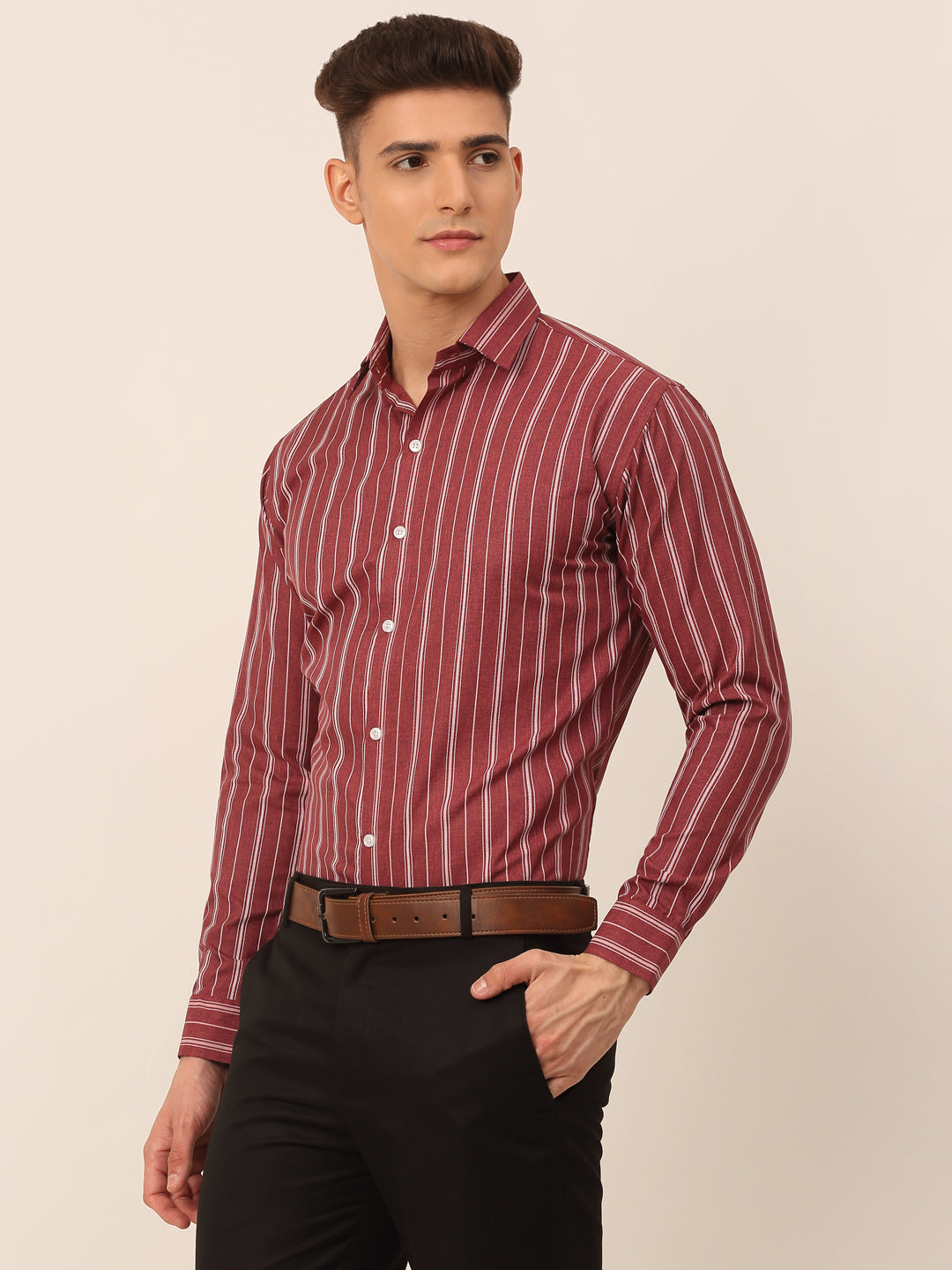 Jainish Men's Maroon & White Classic Striped Formal Shirt - Distacart